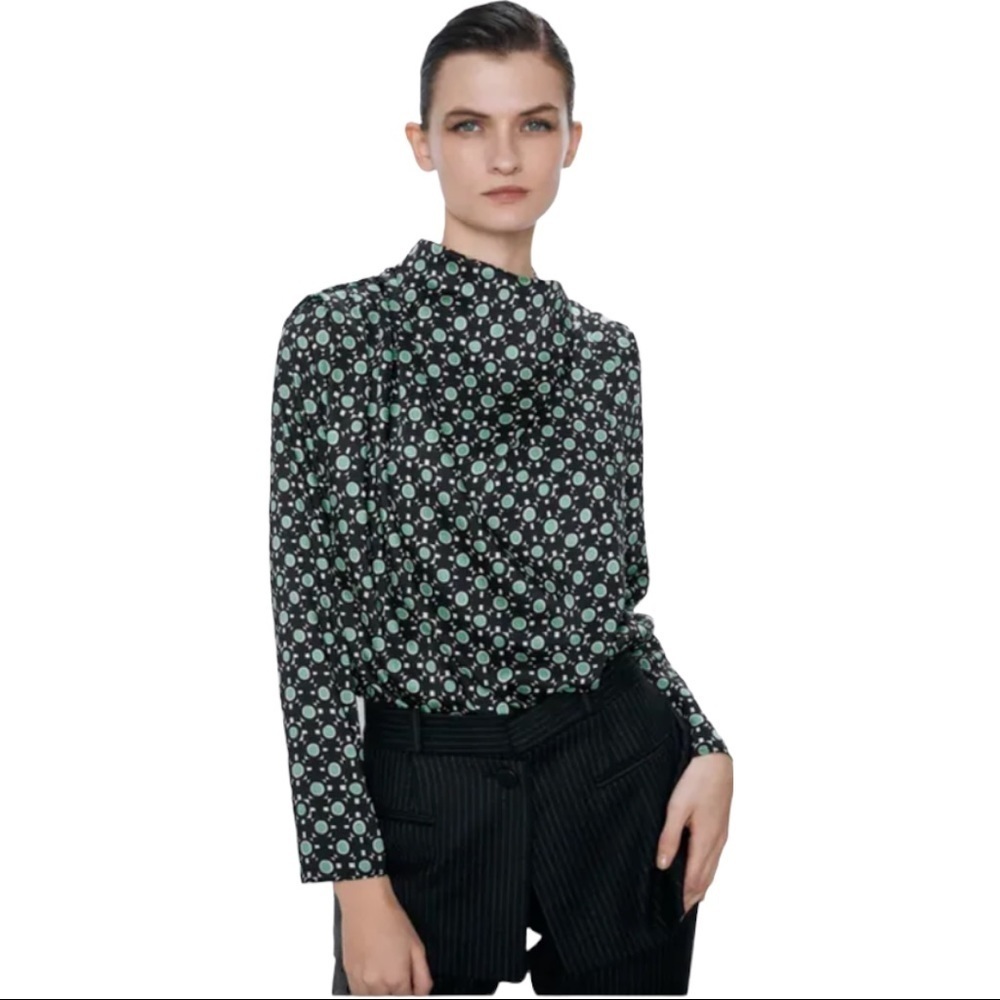 ZARA Printed Blouse- Black / Green- SZ Small​